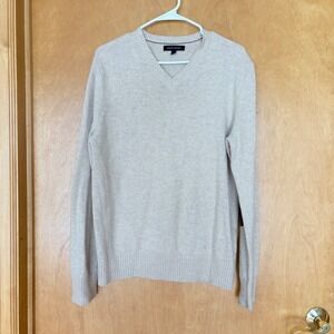Banana Republic Men V Neck Merino Wool Blend Sweater Beige Elbow Patches Size M